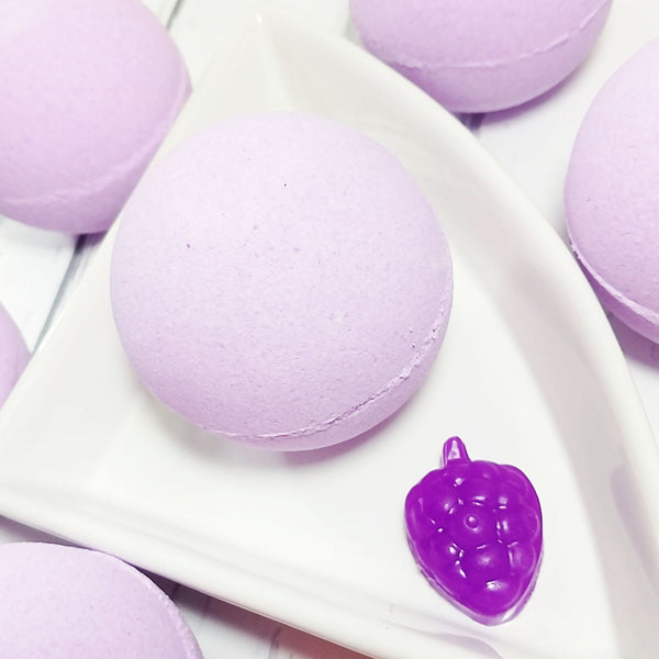 Raspberry Bath Bomb for relaxing away stress available at Sunbasil Soap
