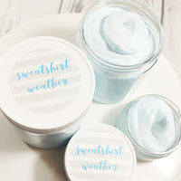 Sweatshirt Weather Whipped Body Butter with notes of sage, amber, juniper berry and eucalyptus available at Sunbasilsoap.com