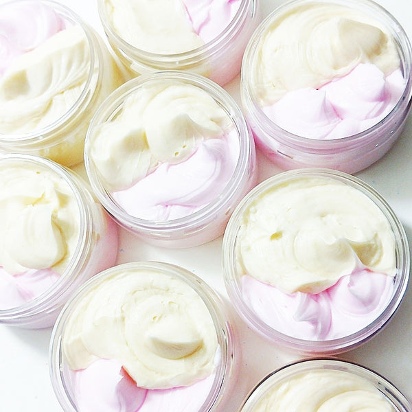 Strawberry Banana Whipped Body Butter, all natural body lotion by sunbasilsoap.com